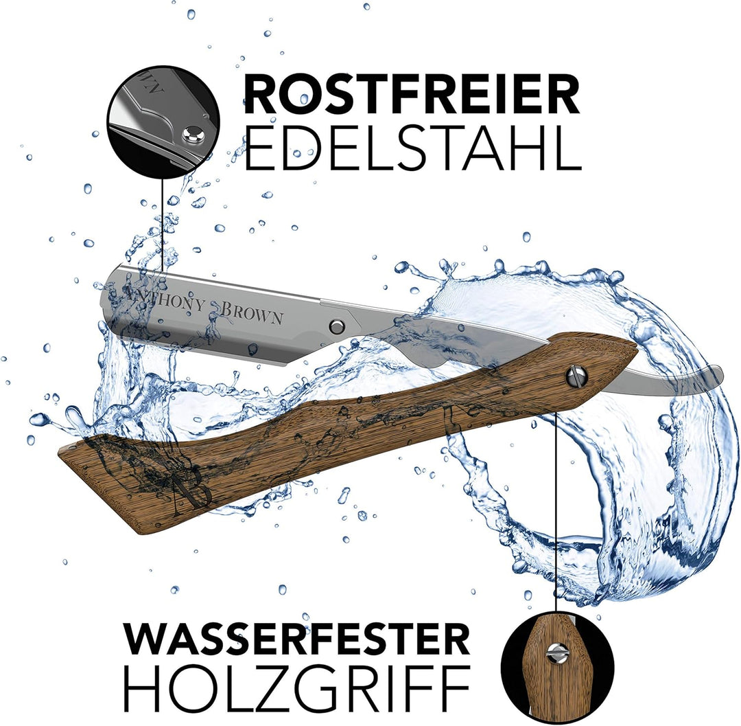 Anthony Brown® Rasiermesser Holz in Schwarz oder Silber - einzigartiger Klingenkopf für mehr Präzisi