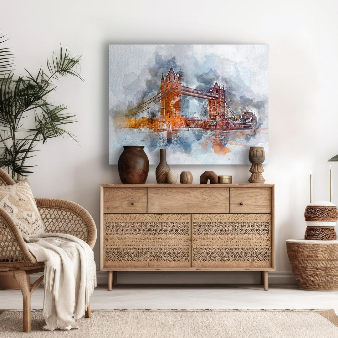 wandmotiv24 Leinwandbild Malerei, 80x60cm, Querformat, London, Tower Bridge, Deko, Bilder auf Leinwa