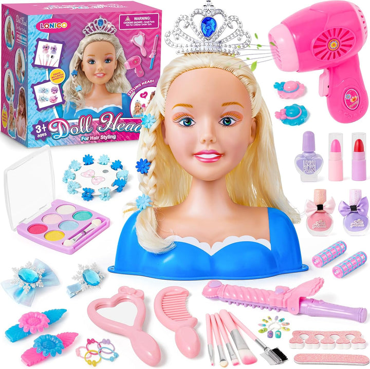 52PCS Schminkpuppe Frisierkopf Kinder Puppenkopf mit Krone Haartrockner Glätteisen Haarnadeln Schmin