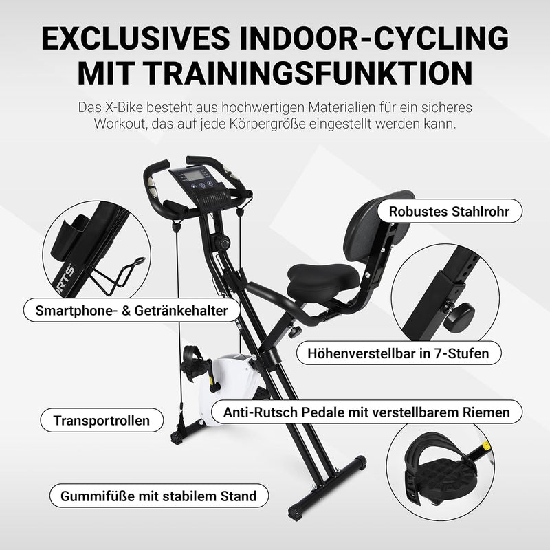 Fitness X-Bike Premium + Widerstandsbänder | Fahrradtrainer, Heimtrainer klappbar mit Rückenlehne, L