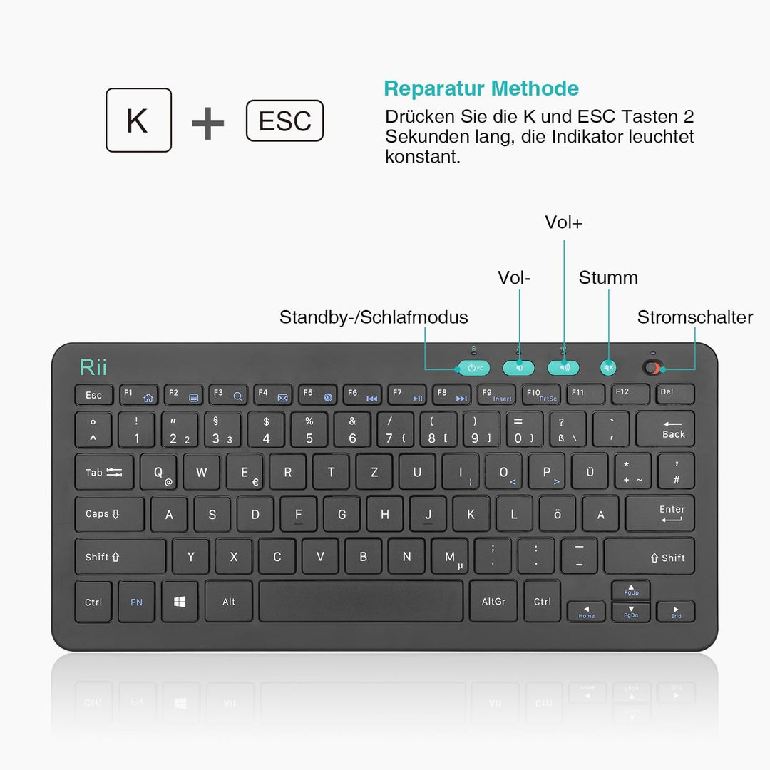 Rii Tastatur Kabellos, 2.4G FunkTastatur für Laptop, PC und Smart TV, Deutsches QWERTZ Layout, Schwa