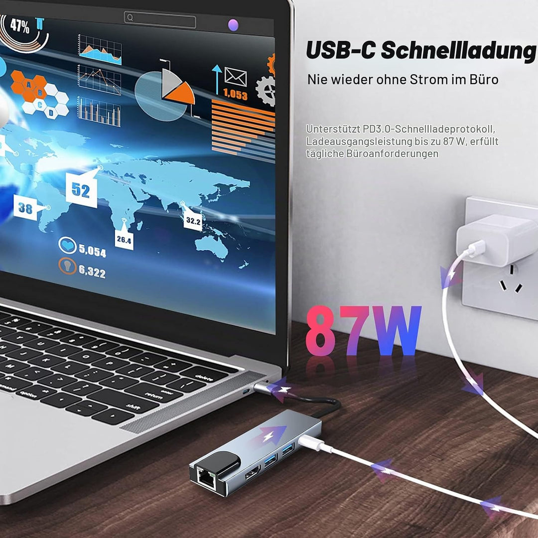 USB C Hub Multiport Adapter, 5 in 1 USB C Docking Station mit 4K HDMI, RJ45 Ethernet, USB3.0, 100W P