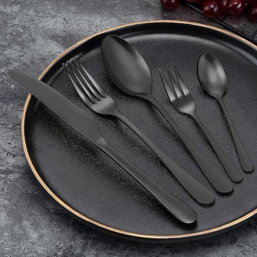 BEWOS Besteck Set für 12 Personen, 60 teilig Schwarz Mattiert Essbesteck Set inkl. Messer, Gabel, Lö