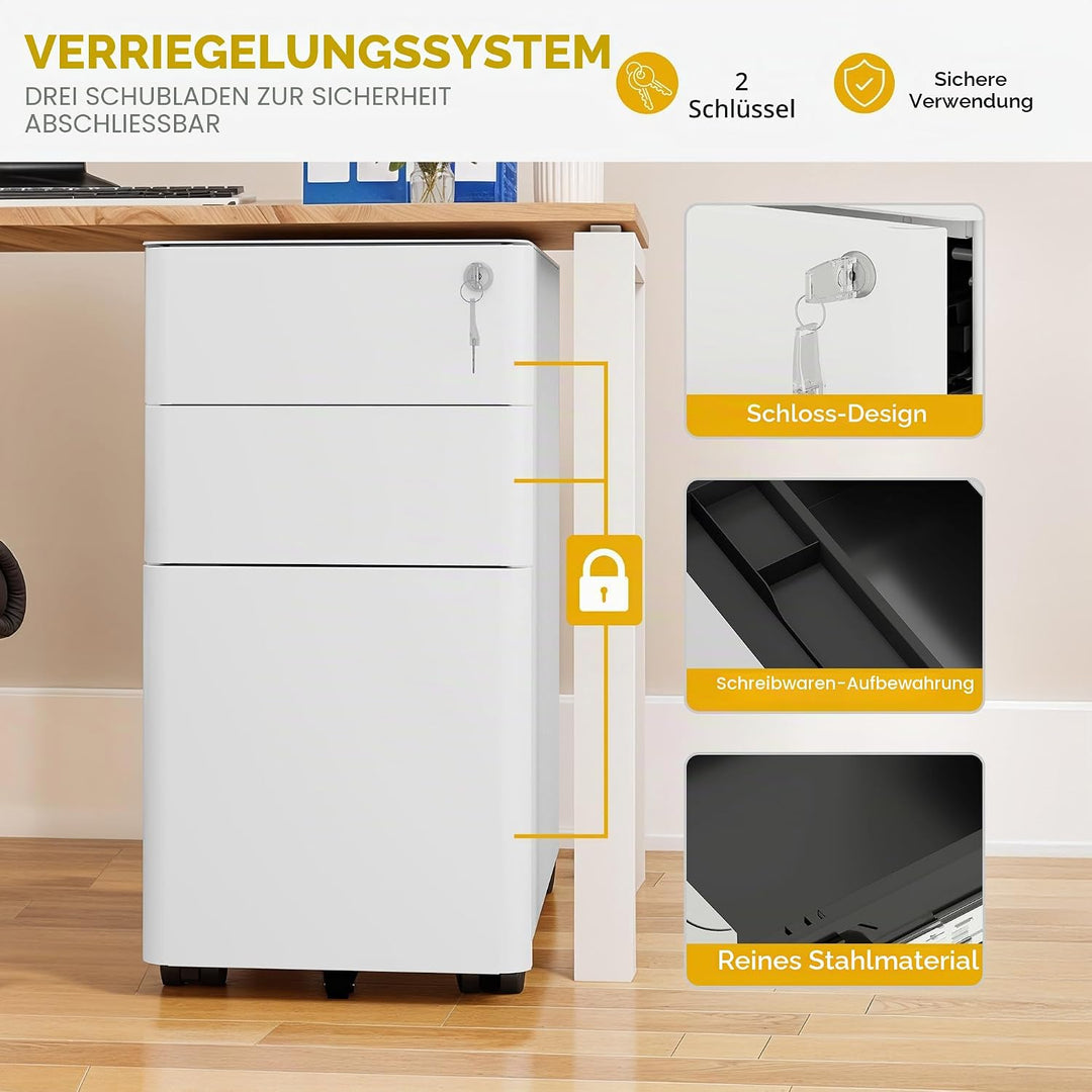 DWVO 3 verschliessbare Schubladen Metall Aktenschrank, Mobile Aktenschrank für Home Office, Unter Sc