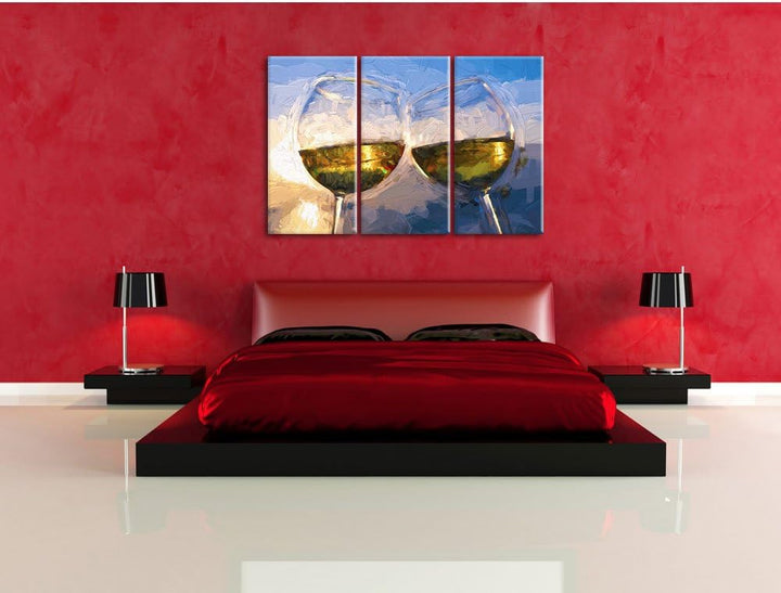 Pixxprint Weingläser im Sonnenuntergang am Meer Pinsel Effekt 3-Teiler Leinwandbild 120x80 Bild auf