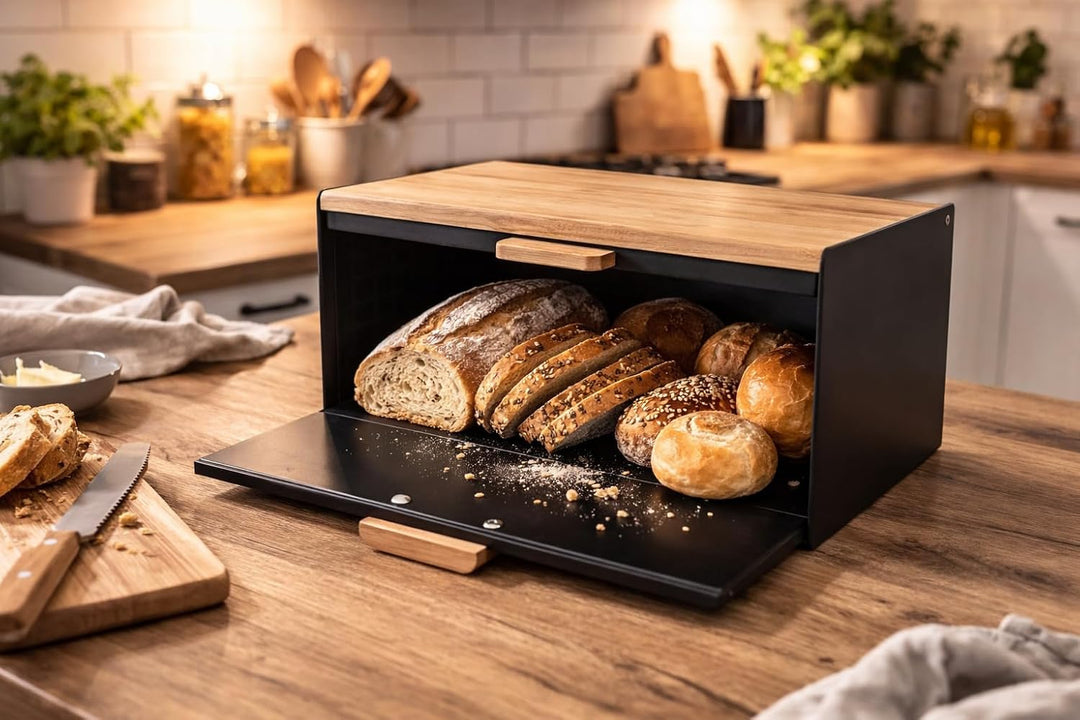 Brotkästen mit Deckel,Brotaufbewahrungsbox, Schneidebrett aus Bambus, Brotkasten aus Metall, Brot un