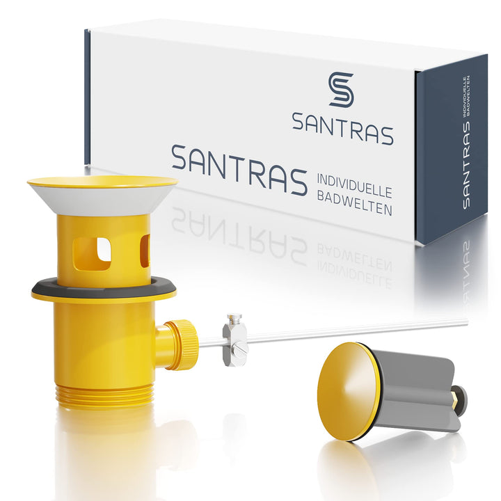 SANTRAS® Exzenter Ablaufgarnitur Premium für Waschtisch mit Schutz vor Überlauf in Gelb – Komplette