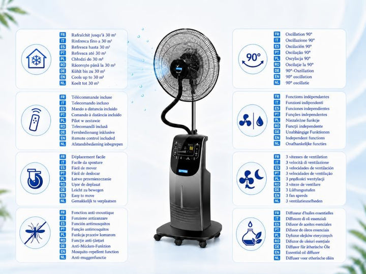 O'FRESH Sprühnebel Ventilator 135cm - Standventilator mit Sprühnebelfuntion - Fernbedienung - Anti-M