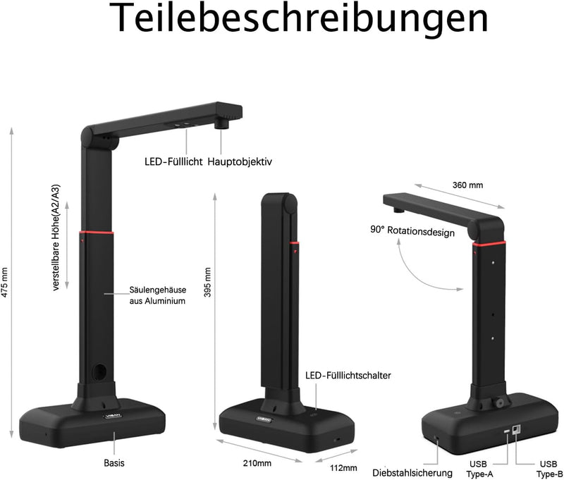 VIISAN Dokumentenscanner - 27MP Buchscanner mit Scan Max A2, ideal für grosse Periodika, Bücher und