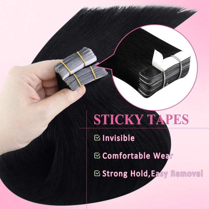 YoungSee Tape Extensions Echthaar Schwarz 55cm Tape Extensions Schwarz Glatt Echthaar Extensions Tap