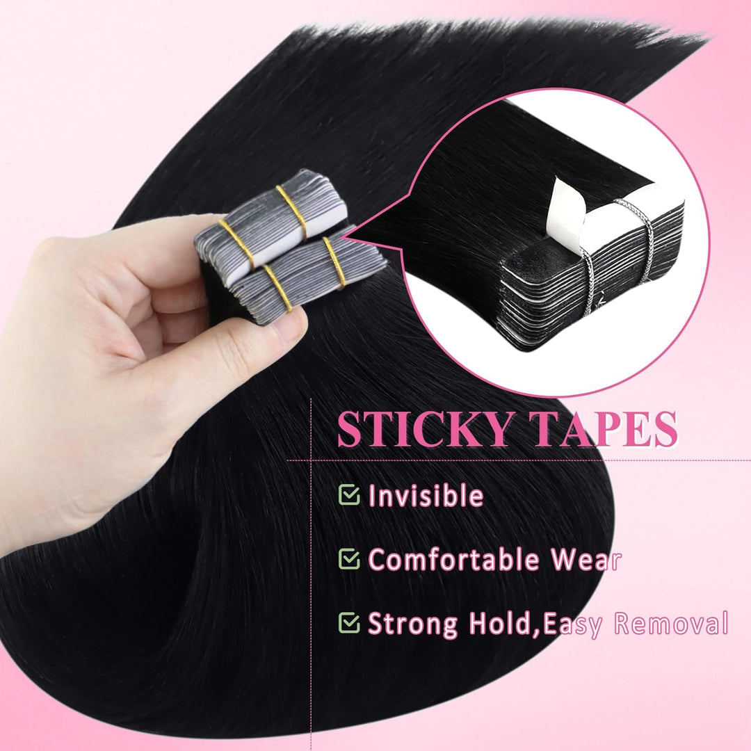 YoungSee Echthaar Extensions Tape Schwarz 50 cm Tape Extensions Echthaar Schwarz Skin Weft Extension