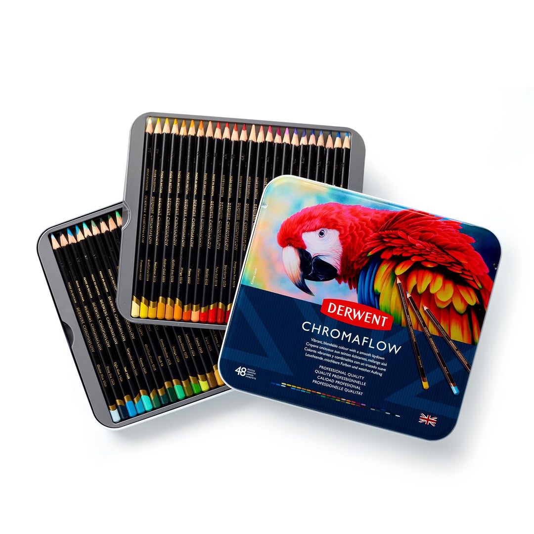 Derwent Chromaflow Buntstifte im 48er Set in Metallbox, 3,5 mm Minenstärke, Mischbar mit Geschmeidig