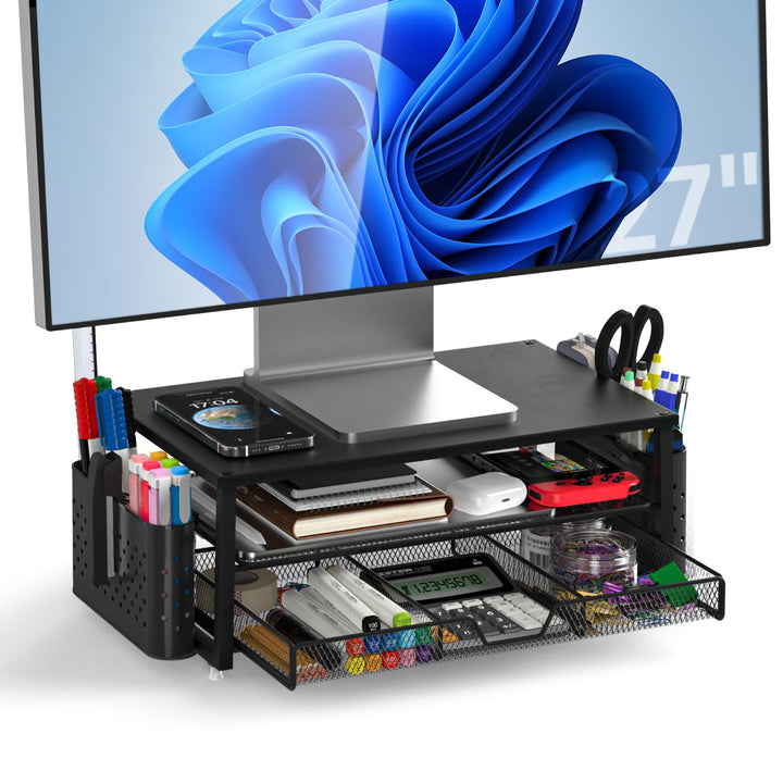 Monitor Ständer mit 2 Ebenen,Druckerständer, Monitorständer mit Gitterplattform, Schublade und Stift