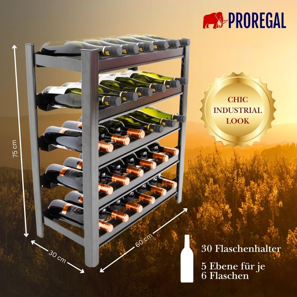 PROREGAL Weinregal Toskana, HxBxT 75x60x30 cm, 30 Flaschen auf 5 Ebenen, Schwarz, Wein Metallregal,