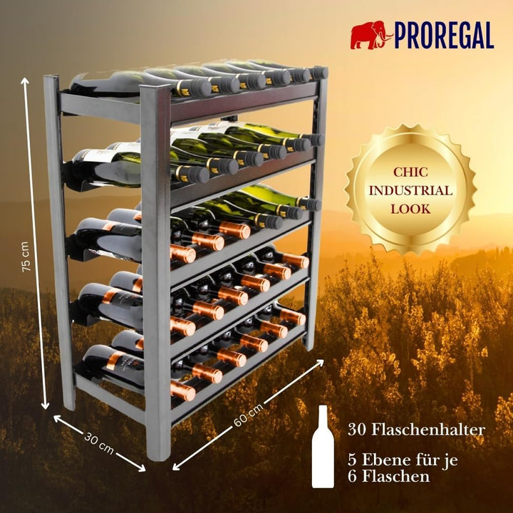 PROREGAL Weinregal Toskana, HxBxT 75x60x30 cm, 30 Flaschen auf 5 Ebenen, Schwarz, Wein Metallregal,
