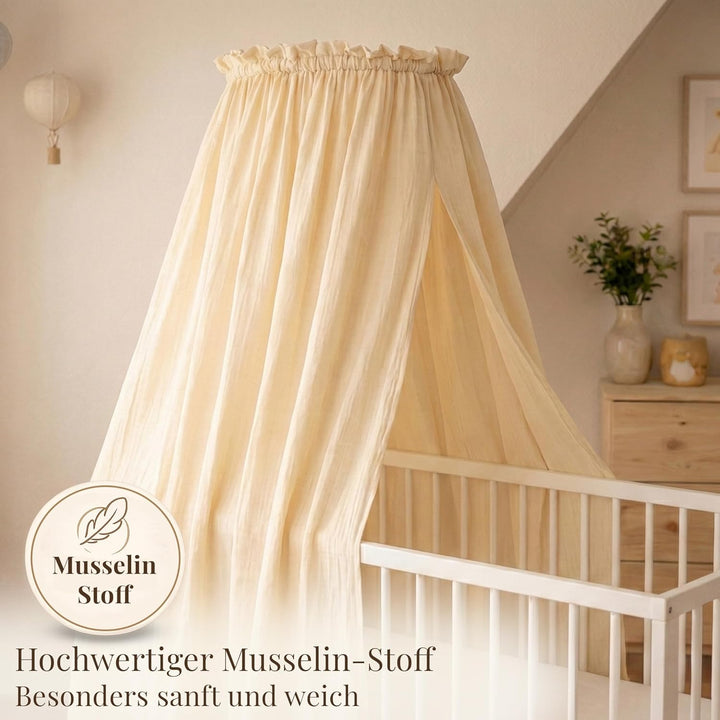 Betthimmel Babybett Set - Musselin Stoff mit montierter Himmelstange - Baldachin für Babybett zum An
