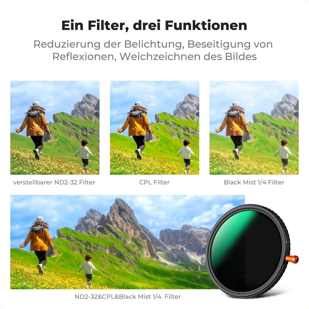 K&F CONCEPT 3-IN-1 Filter 67mm Polfilter&ND2-ND32&Black Mist 1/4 Filter mit 28 Schichten Nanobeschic