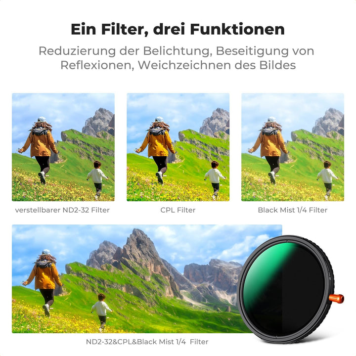 K&F CONCEPT 3-IN-1 Filter 77mm Polfilter&ND2-ND32&Black Mist 1/4 Filter mit 28 Schichten Nanobeschic