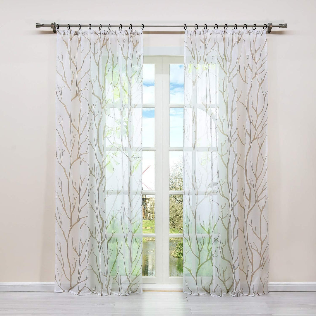 HongYa 1 Stück Transparente Gardine Schal mit Kräuselband Voile Vorhang Fensterschal Äste Muster H/B