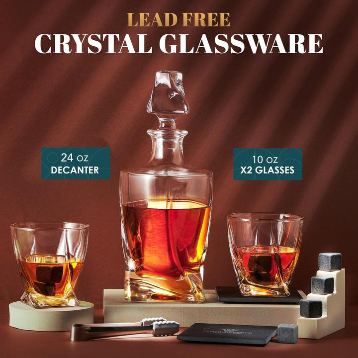 Whisky Geschenkset – Whiskey Gläser, Karaffe, Steine, Eiszange, Untersetzer, Holzkiste, Samtbeutel,