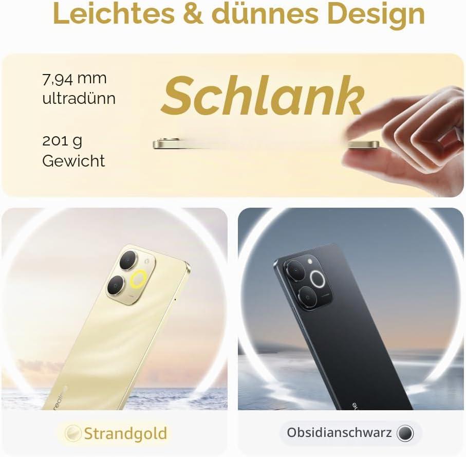 realme Note 70T Smartphone 4+256 GB, 6000 mAh Akku, 15 W Schnellladung mit 6 W Rückladung, 24 GB dyn