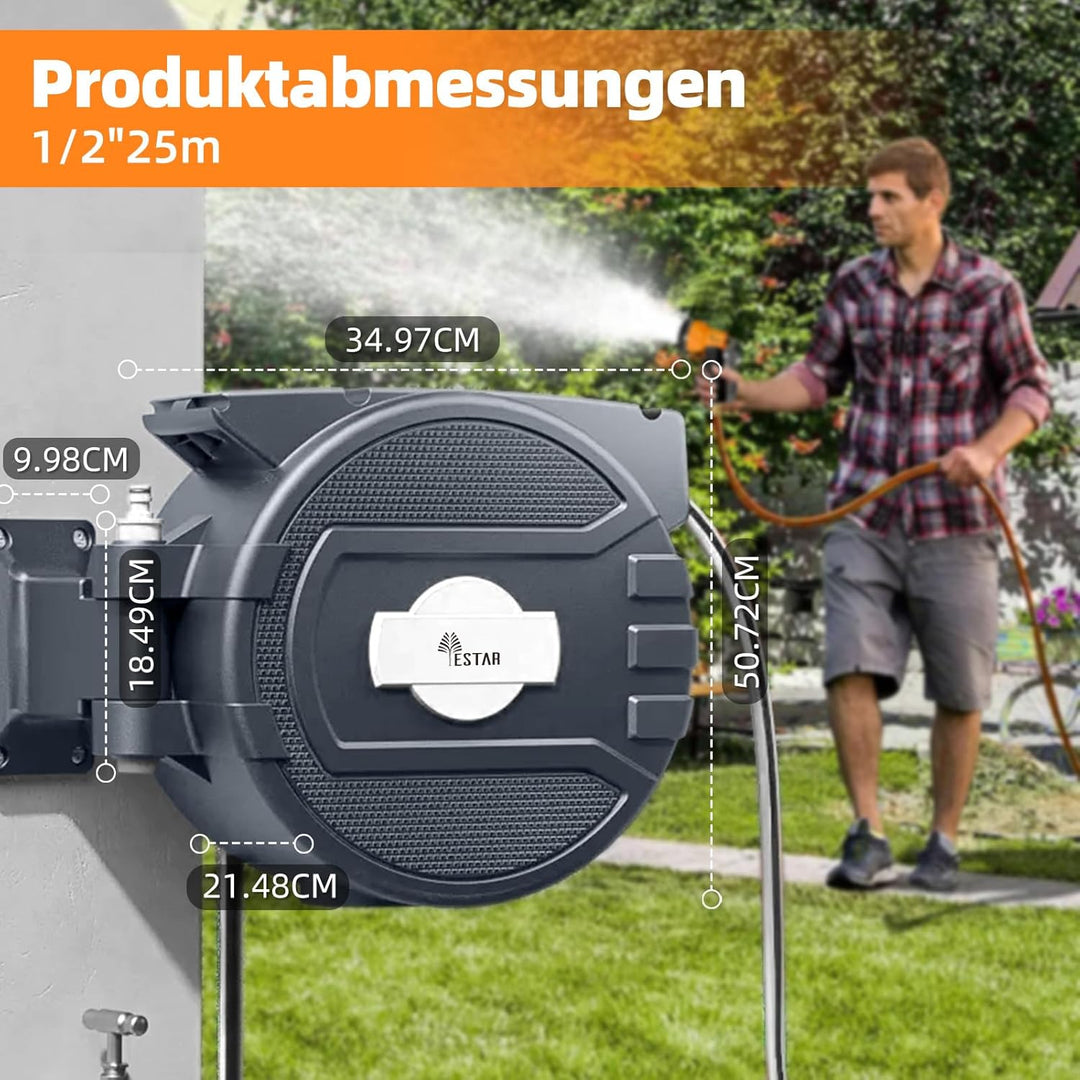 Schlauchtrommel 25m+2m, Schlauchaufroller mit Aufroll-Automatik & 180° Schwenkbar, Wand-Schlauchbox