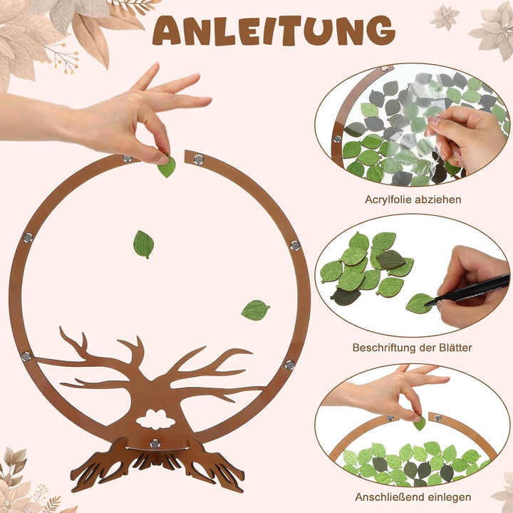 Gästebuch Hochzeit Holz Gästebuch in Baumform mit 60 grünen Blättern zum Unterschreiben für Hochzeit