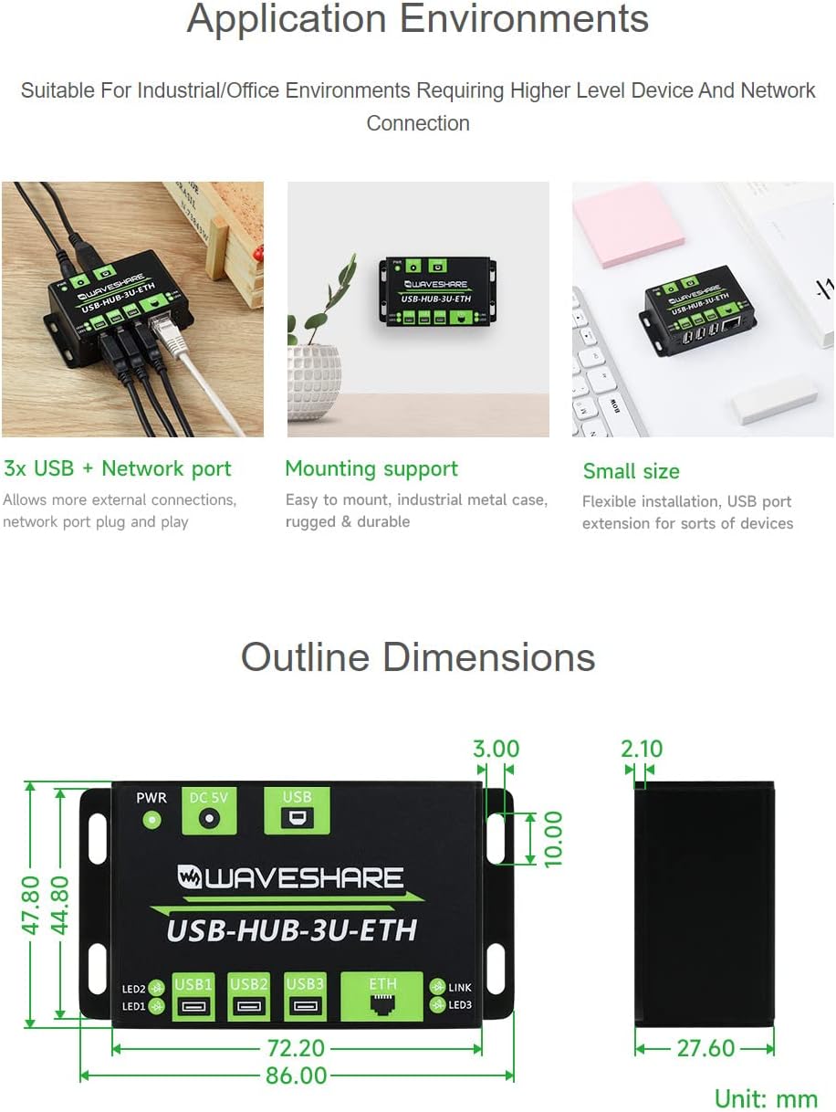Waveshare Industrial Grade Multifunctional USB HUB Extending 3X USB Ports + 100M Ethernet Port Suita