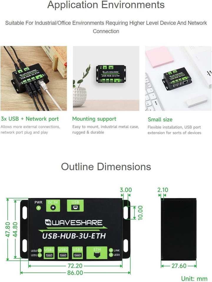 Waveshare Industrial Grade Multifunctional USB HUB Extending 3X USB Ports + 100M Ethernet Port Suita