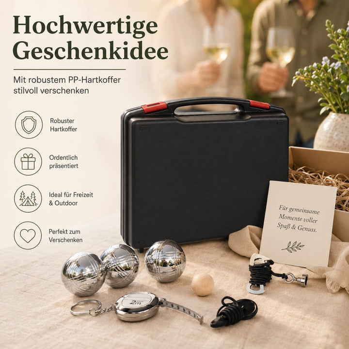Boule Set 6/8 Metallkugeln mit Hartschalenkoffer–Petanque &amp; Boccia Spiel mit Zielkugel, Abstandsmess