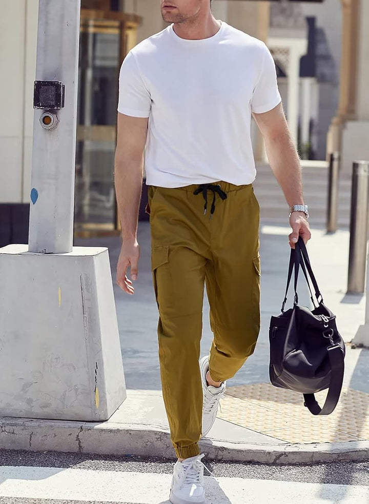 Cargohose Herren Chino Hose mit 6 Taschen Cargo Hose Stretch Jogginghose für Männer mit Bundgummi El