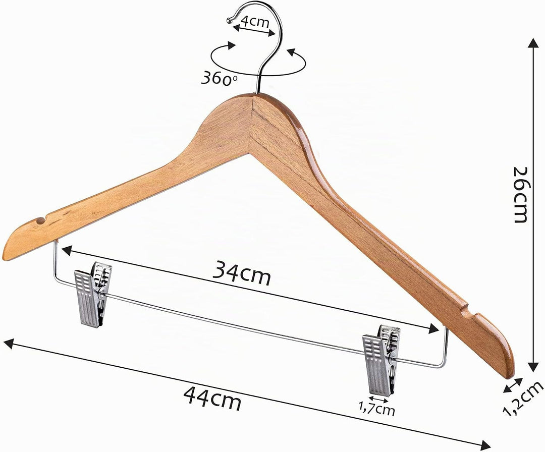 KADAX Kleiderbügel aus Holz, mit Klemmen aus Metall, Zwei Einkerbungen, 360°drehbarer Haken, Gardero