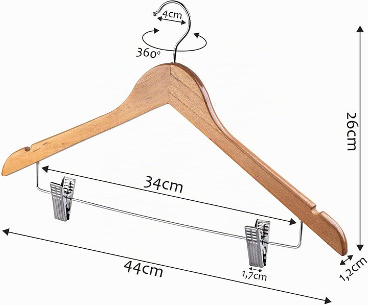 KADAX Kleiderbügel aus Holz, mit Klemmen aus Metall, Zwei Einkerbungen, 360°drehbarer Haken, Gardero