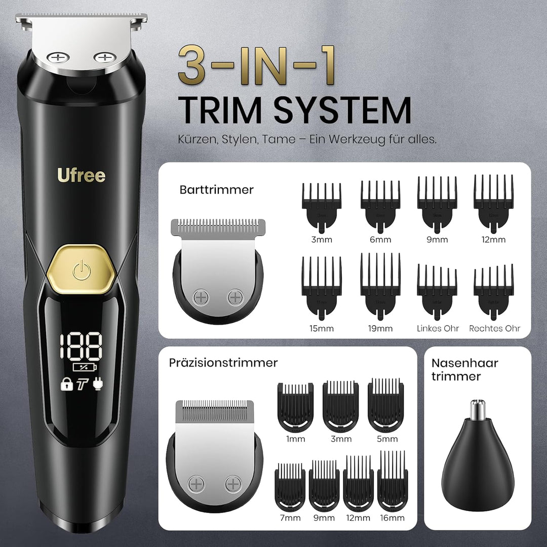 Ufree 3 in 1 Barttrimmer Herren Kit, Bartschneider Haarschneider Haarschneidemaschine Profi für Schn