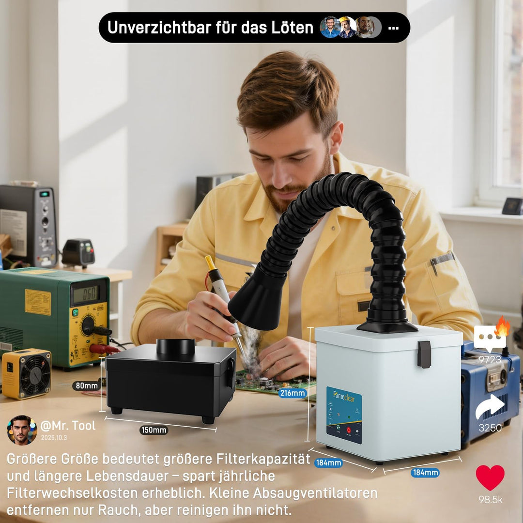 FumeClear FC2001A Lötrauchabsorber Lötrauchabsaugung, 120 to 180m³/h starke Absaugung, geräuscharmes