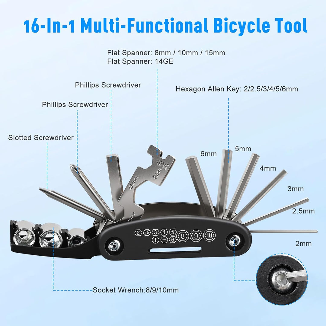 Fahrrad Reparaturset 16-in-1 mit Satteltasche und 120 PSI Mini-Luftpumpe,Flickzeug Fahrrad Multitool