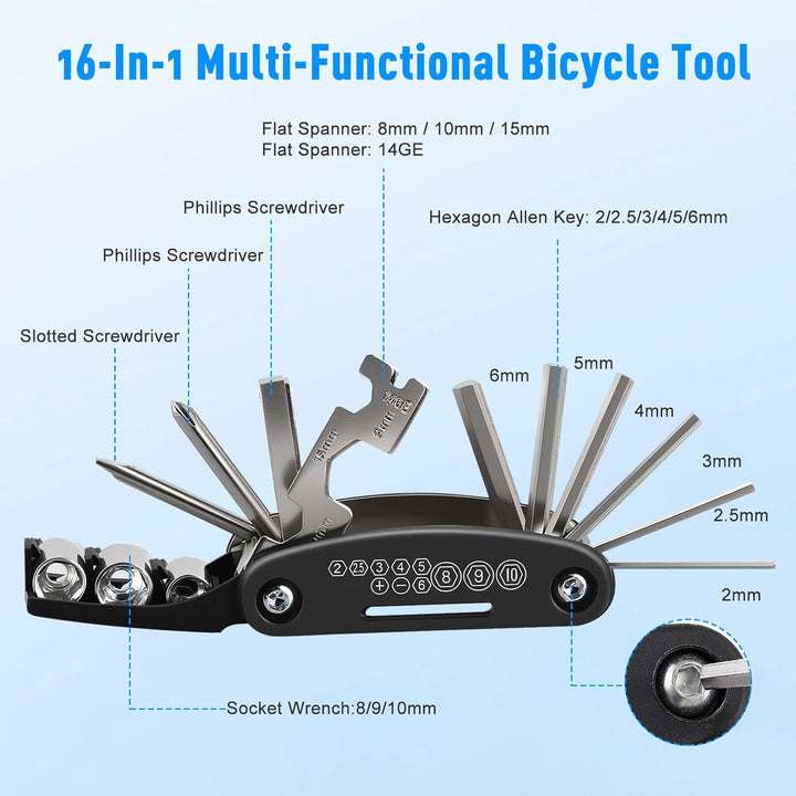 Fahrrad Reparaturset 16-in-1 mit Satteltasche und 120 PSI Mini-Luftpumpe,Flickzeug Fahrrad Multitool