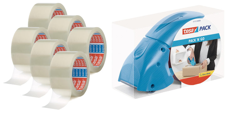 Tesa Packband Handabroller Pack ‘n‘ Go, Blau, inkl. 1 + 5 Rollen tesapack PP in braun, 50m:50mm