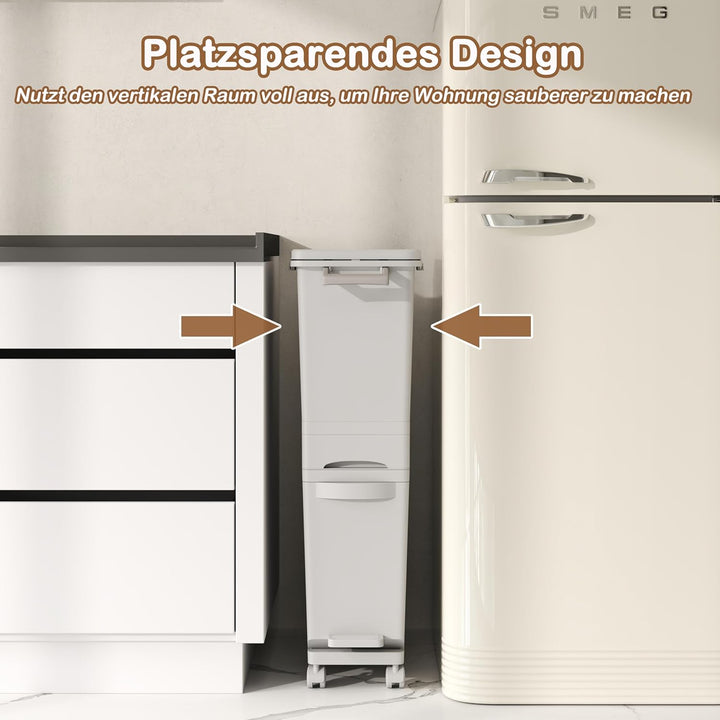 GIANTEX Mülleimer Küche 3 Fächer, 32 L Abfalleimer mit Deckel & Pedal, Tretmülleimer auf Rädern, Abf
