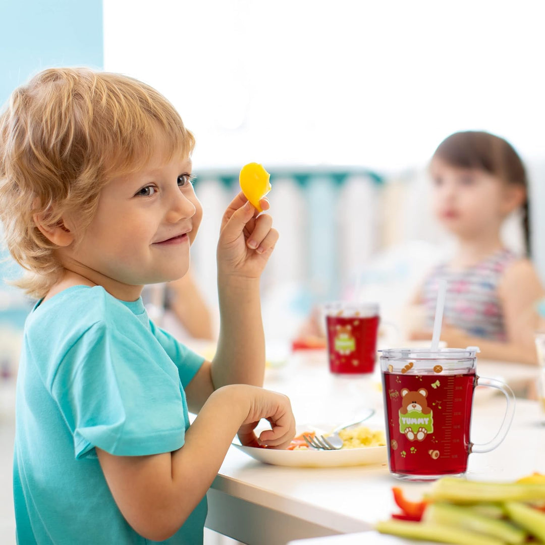 Relaxdays Kindergläser 2er Set, Bären-Motiv, Trinkglas Kinder, mit Henkel, Deckel & Strohhalm, 400 m