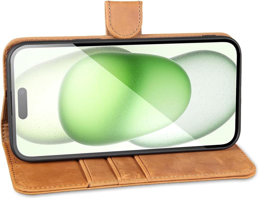 LENSUN Echtleder Hülle für iPhone 15 Plus, Handyhülle [Premium Echtes Leder][Magnetverschluss][RFID