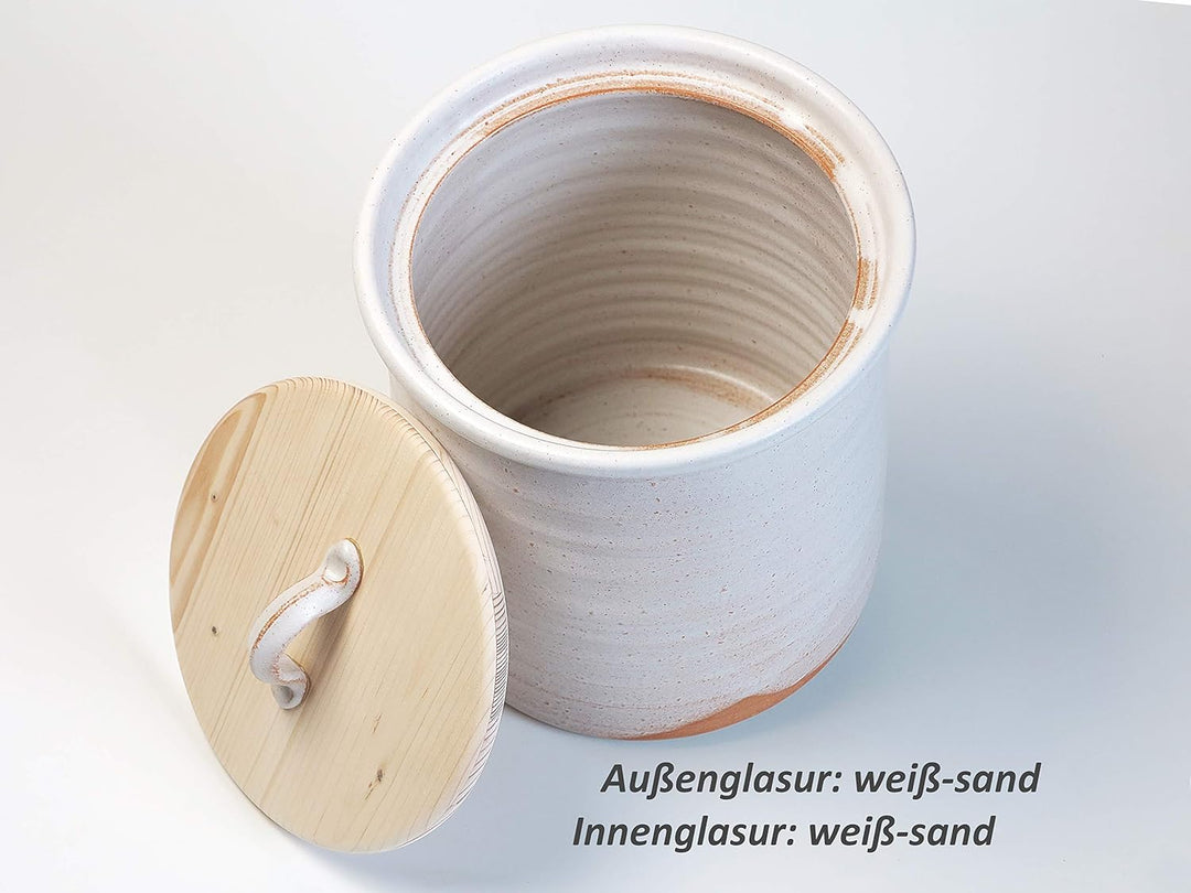 Platzspar-Brottopf, weiss-sand, Keramik/Holz, mit fast so viel Volumen wie die M-Grösse