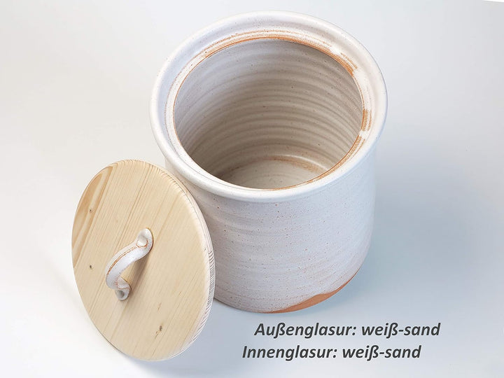 Platzspar-Brottopf, weiss-sand, Keramik/Holz, mit fast so viel Volumen wie die M-Grösse
