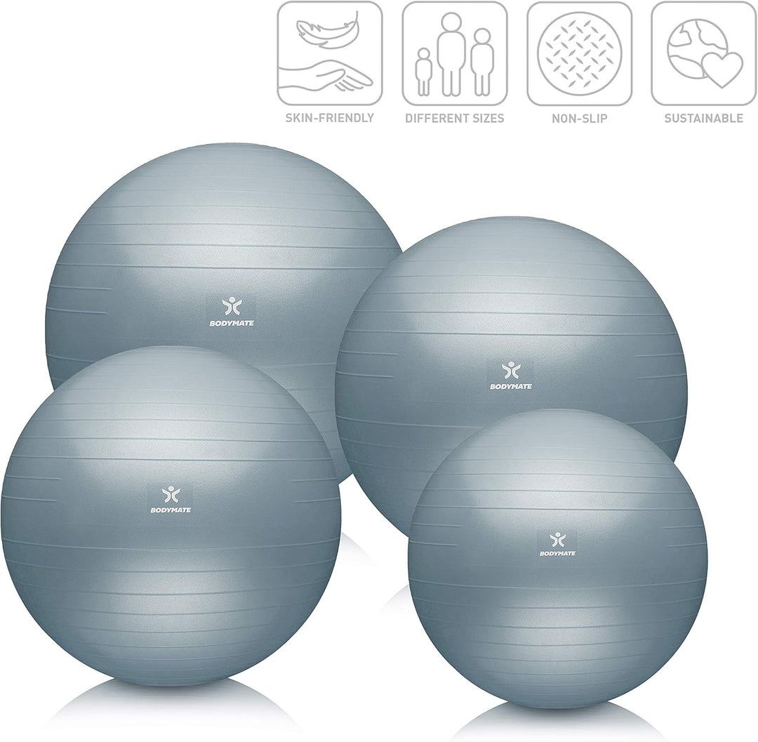 BODYMATE Gymnastikball Sitzball Trainingsball mit GRATIS E-Book inkl. Luft-Pumpe, Ball für Fitness,