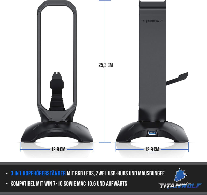 Titanwolf - Kopfhörerständer LED inkl. USB Hub - Gaming Kopfhörer Ständer mit 2 x USB 3.2 Gen1 Hub u