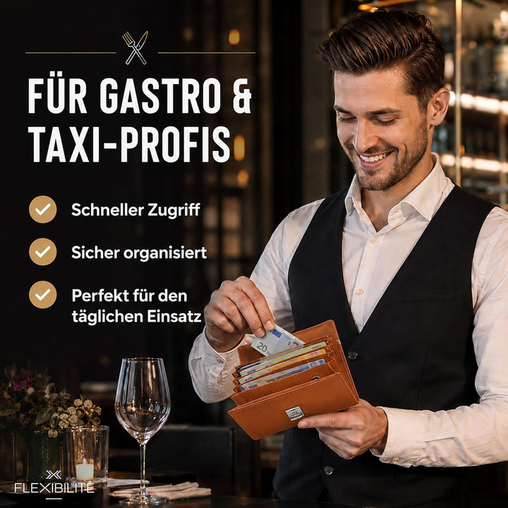 FLEXIBILITE Profi Kellner Geldbörse Profi Wasser Büffel [2025] Echt Leder RFID (18,5 x 9,5 x 4,5cm B