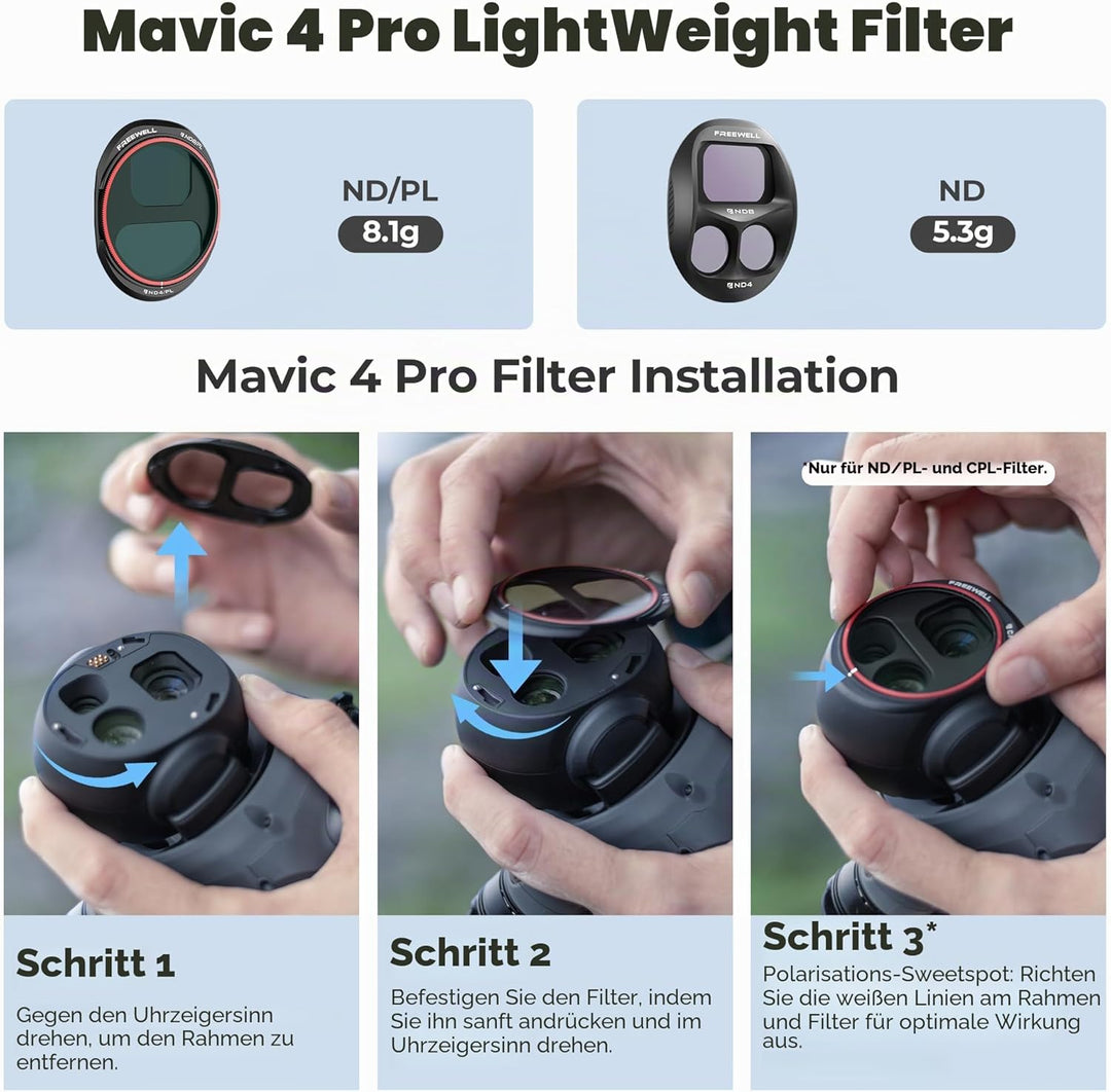 Freewell Split ND-Filter 4er-Pack für DJI Mavic 4 Pro – Split ND8/4, ND16/8, ND32/16, ND64/32 – Redu