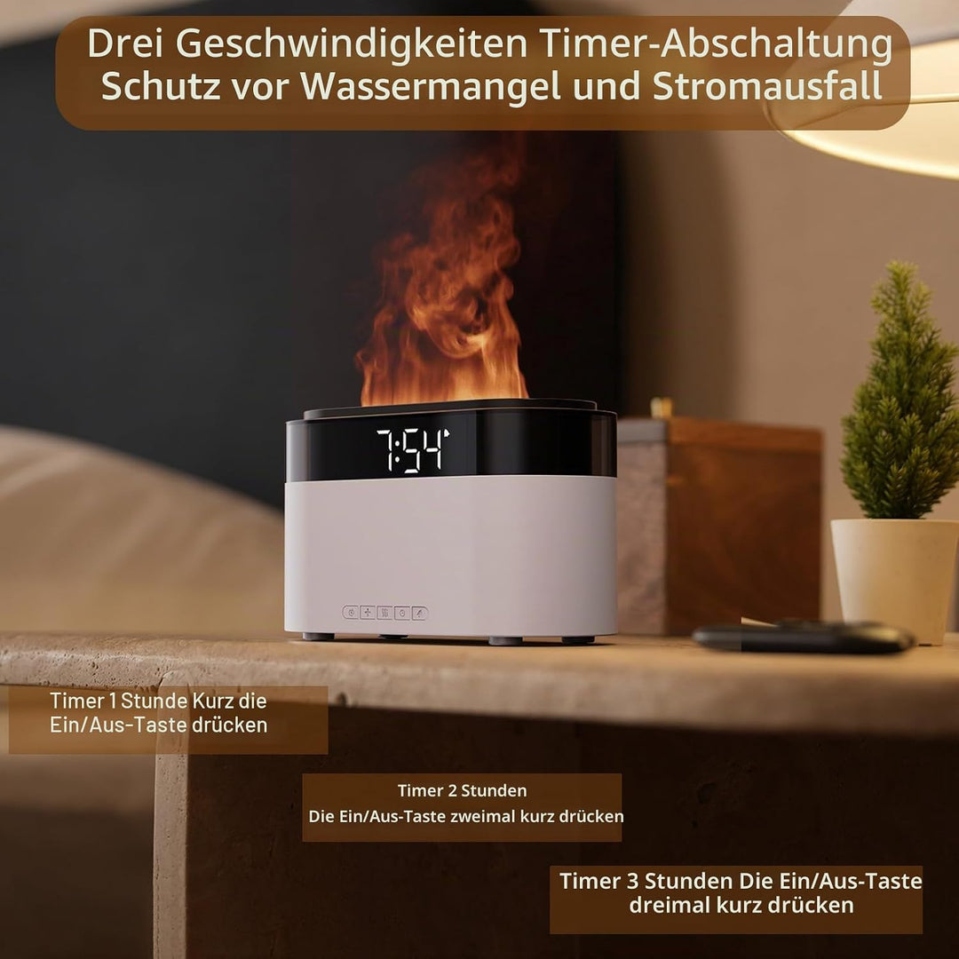 Flammen Aroma Diffuser mit Lichtwecker,Diffuser Ätherische Öle mit Fernbedienung,Wecker mit Licht,Lu