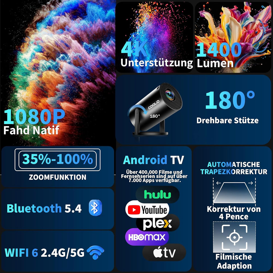 Mini Beamer Unterstützt 4K 1080P 2026 Neuer Tragbarer Projektor mit 5G WiFi 6 und BT 5.4 Beamer Klei