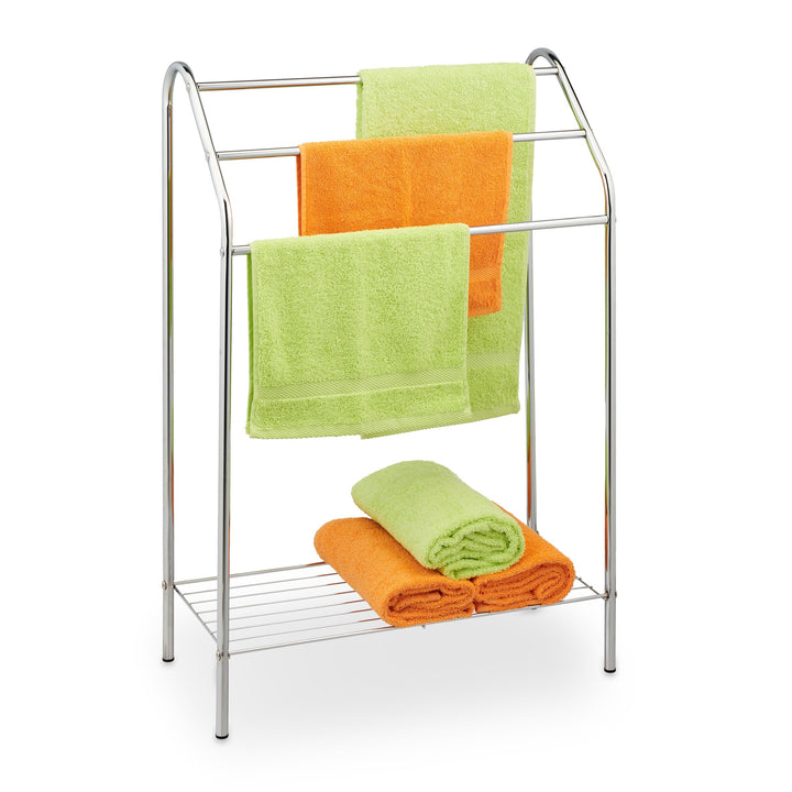Relaxdays Handtuchständer, 3 Stangen, Ablage, freistehend, Stahl, HxBxT: 83,5x57,5x25,5 cm, Duschtuc
